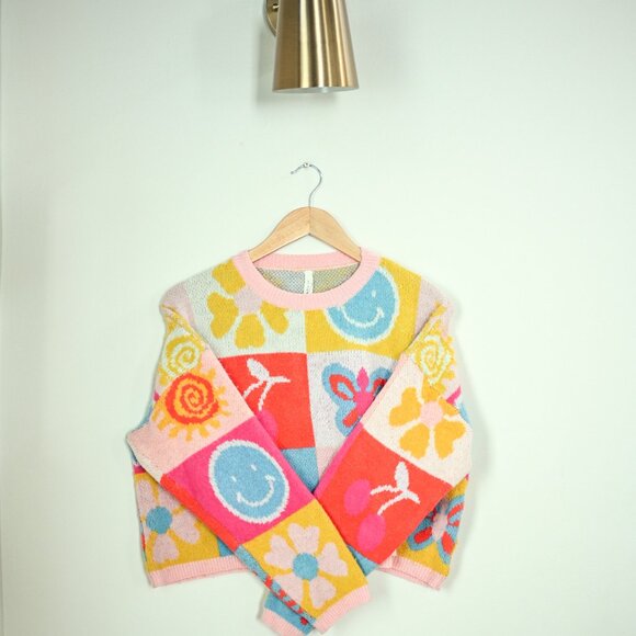 Quilted Square Wool Knit Sweater Retro Pink Yellow Blue - Picture 3 of 4